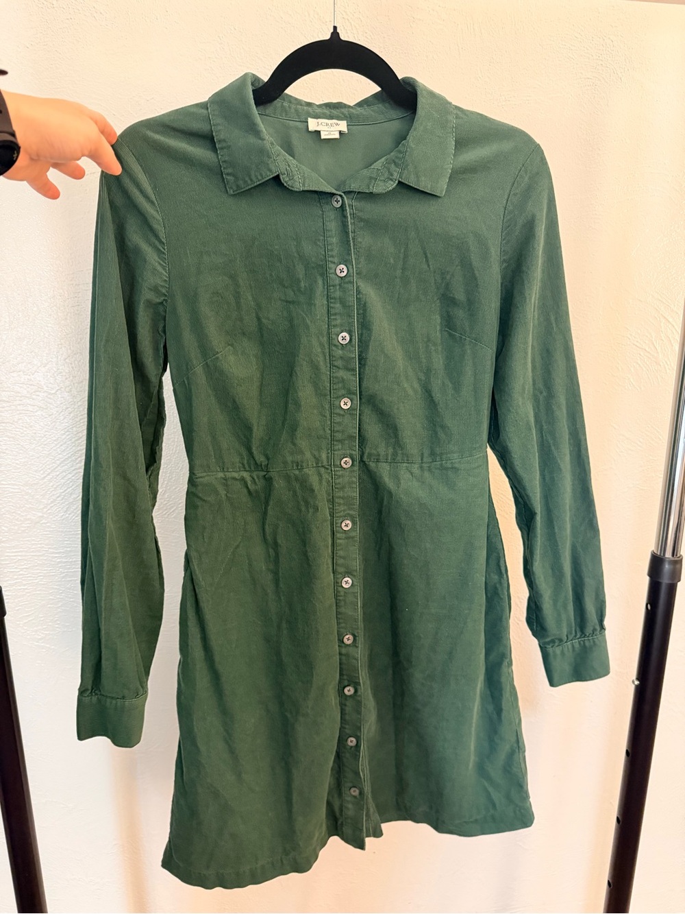 J Crew Corduroy Green Button-Front Shirt Dress with Pockets